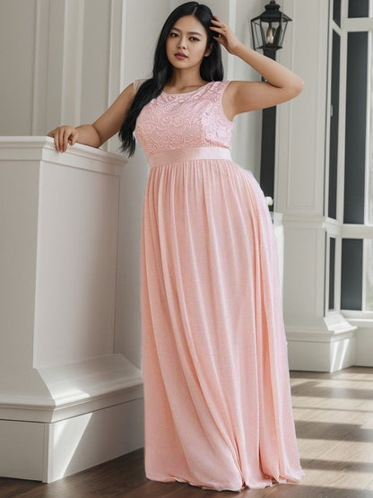 Plus Size Classic Round Neck V Back A-Line Chiffon Bridesmaid Dresses with Lace