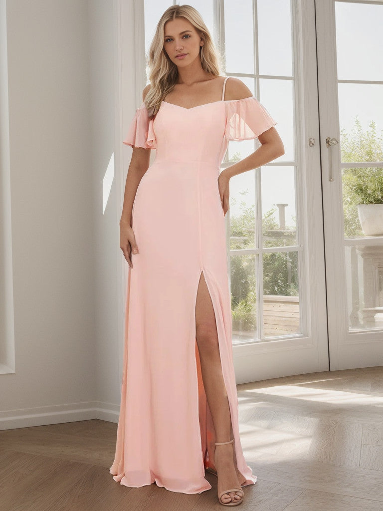 Chiffon Off-The-Shoulder Side Slit Bridesmaid Dress with sleeves