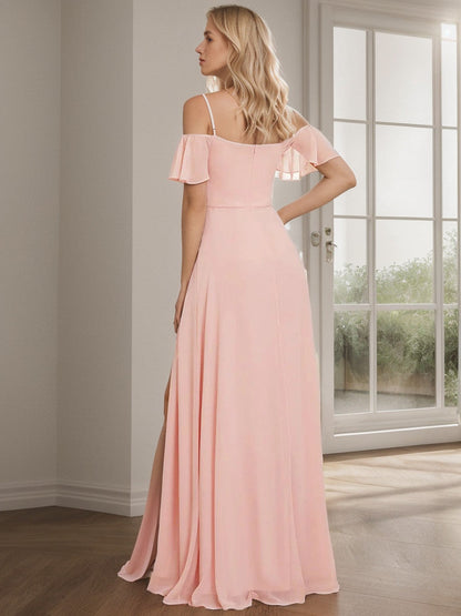 Chiffon Off-The-Shoulder Side Slit Bridesmaid Dress with sleeves