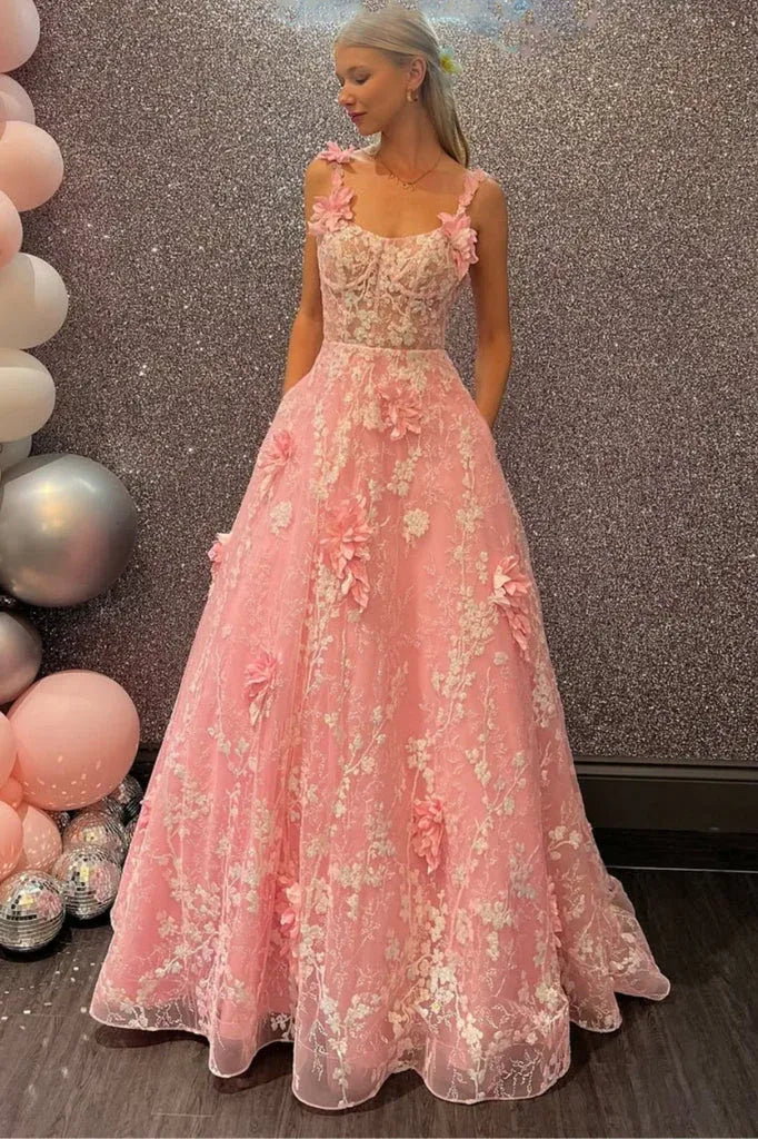 Pink 3D Floral Lace Spaghetti Strap Open Back A-Line Prom Ball Gown