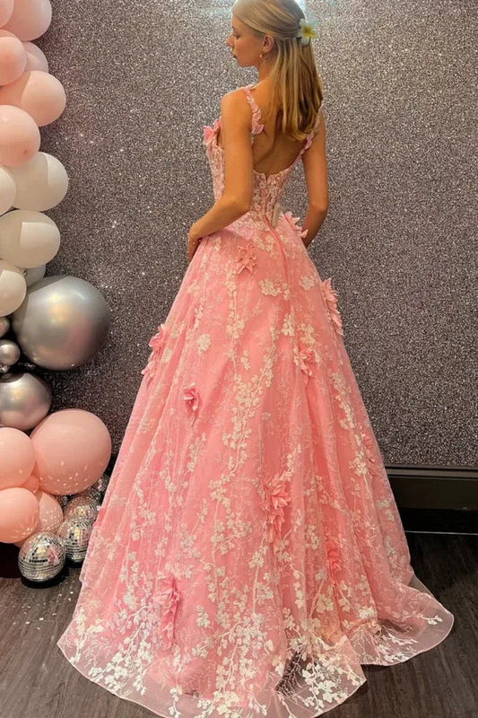 Pink 3D Floral Lace Spaghetti Strap Open Back A-Line Prom Ball Gown