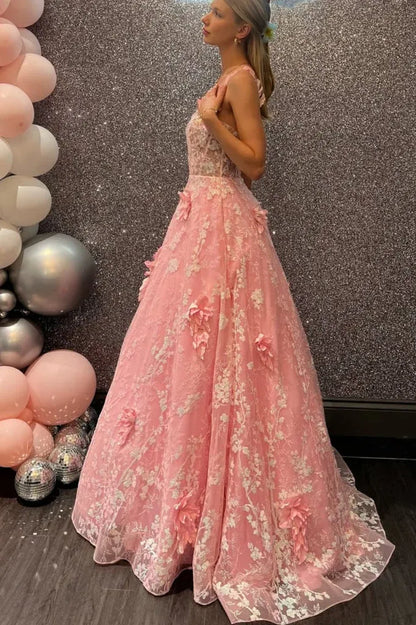 Pink 3D Floral Lace Spaghetti Strap Open Back A-Line Prom Ball Gown