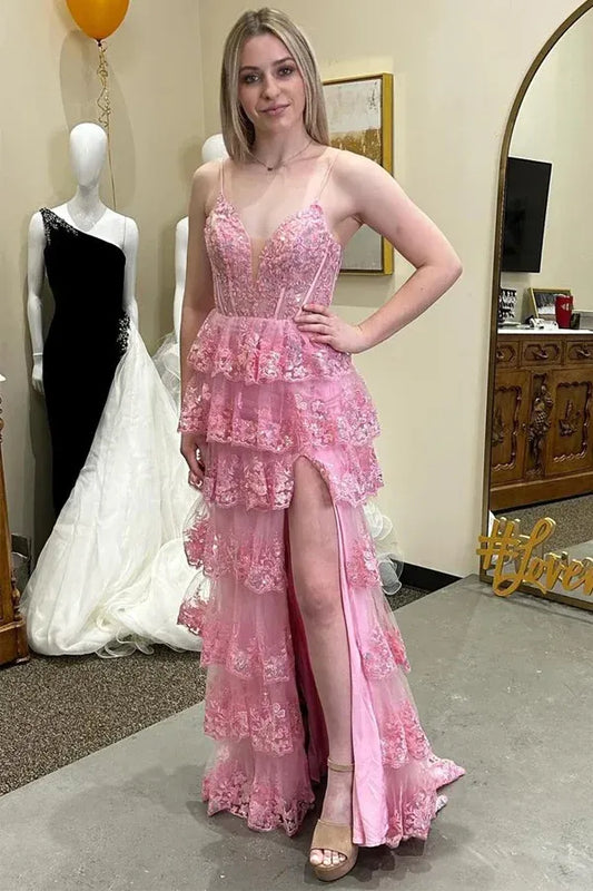 Pink Spaghetti Strap Lace Corset Tiered Ruffle High Slit Tulle Prom Dress