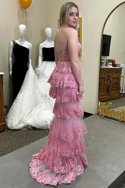 Pink Spaghetti Strap Lace Corset Tiered Ruffle High Slit Tulle Prom Dress