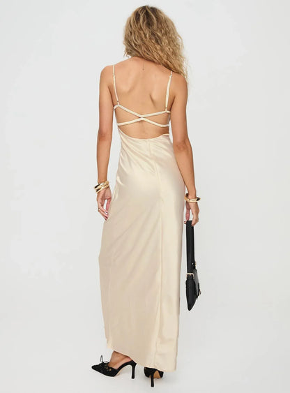 Satin Spaghetti Strap Backless Maxi Dress Elegant Satin Prom Dresses for Ladies