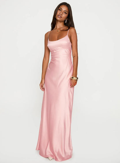 Satin Spaghetti Strap Backless Maxi Dress Elegant Satin Prom Dresses for Ladies