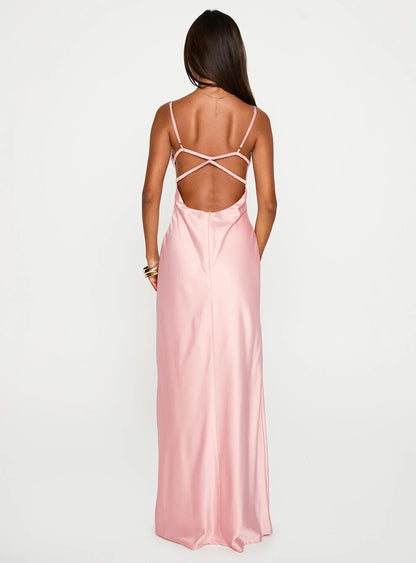 Satin Spaghetti Strap Backless Maxi Dress Elegant Satin Prom Dresses for Ladies