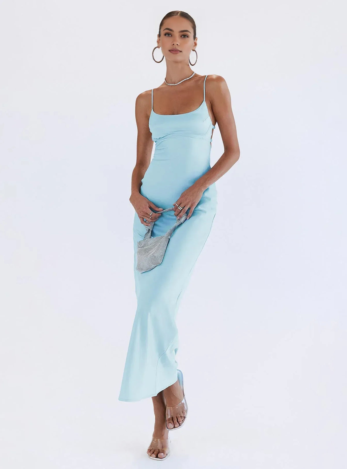 Pink Satin Spaghetti Strap Criss - Cross Back Maxi Prom Dress