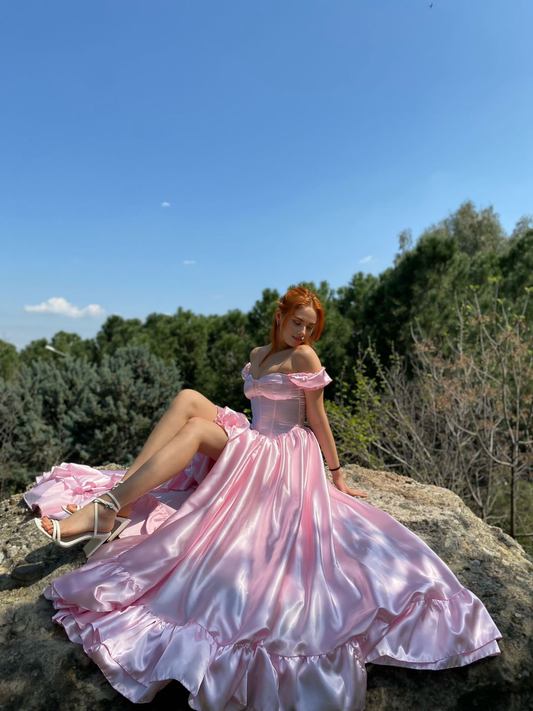 Pink A-line Corset Elegant Ruffles On The Sides Princess Floor Length Square Neck Dress Prom Party Dress