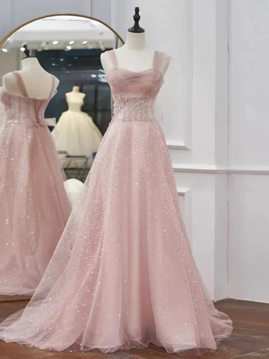Formal Women's Dresses Pink A Line Tulle Long Prom Dress Shiny Birthday Party Dress Prom Dresses Stores