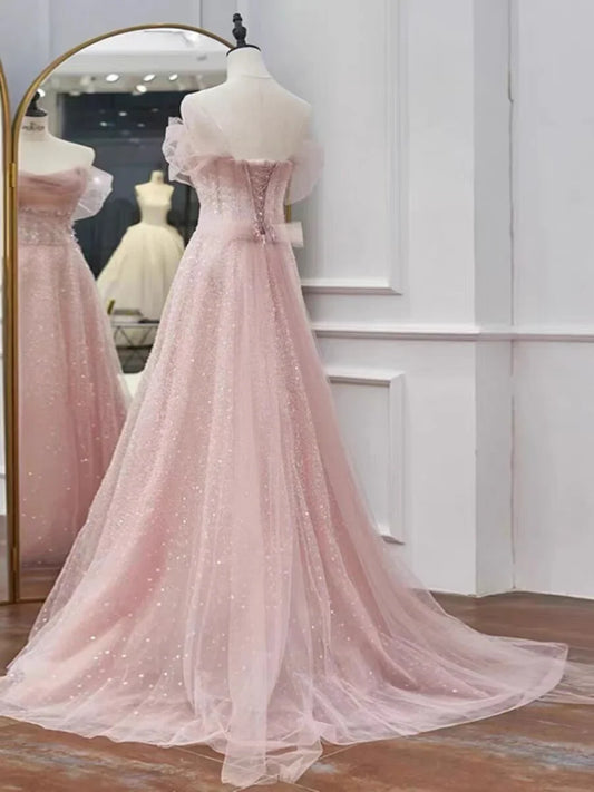 Formal Women's Dresses Pink A Line Tulle Long Prom Dress Shiny Birthday Party Dress Prom Dresses Stores