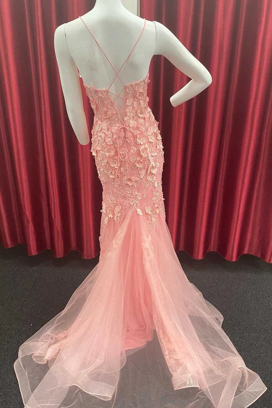 Pink Floral Appliques Spaghetti Straps Tulle Mermaid Long Prom Dress
