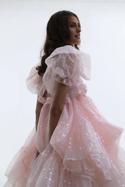 Pink Sweetheart Collar Sparkling Lantern Sleeve Corset Short Party Dress With Elegant And Beautiful Floor To Ceiling Style Evening Gown