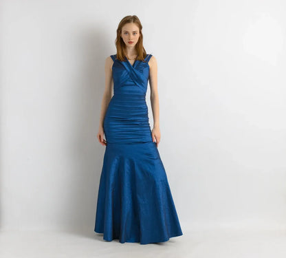 Pleated Mermaid Off Shoulder Floor Length Sleeveless Prom Party Dress