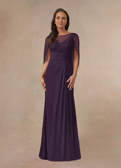 Dress Plum A-Line Lace Capelet Chiffon Maxi Dress Classic Cap Sleeves Back Zip Boat Neck Mother of the Bride Dress