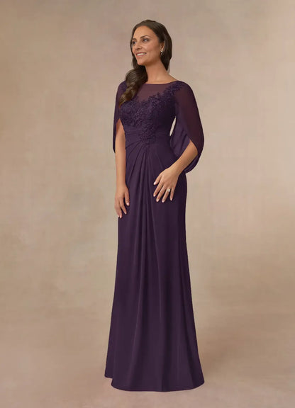 Dress Plum A-Line Lace Capelet Chiffon Maxi Dress Classic Cap Sleeves Back Zip Boat Neck Mother of the Bride Dress