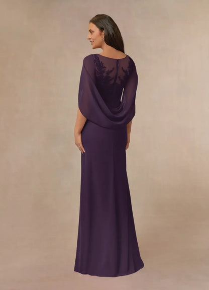 Dress Plum A-Line Lace Capelet Chiffon Maxi Dress Classic Cap Sleeves Back Zip Boat Neck Mother of the Bride Dress