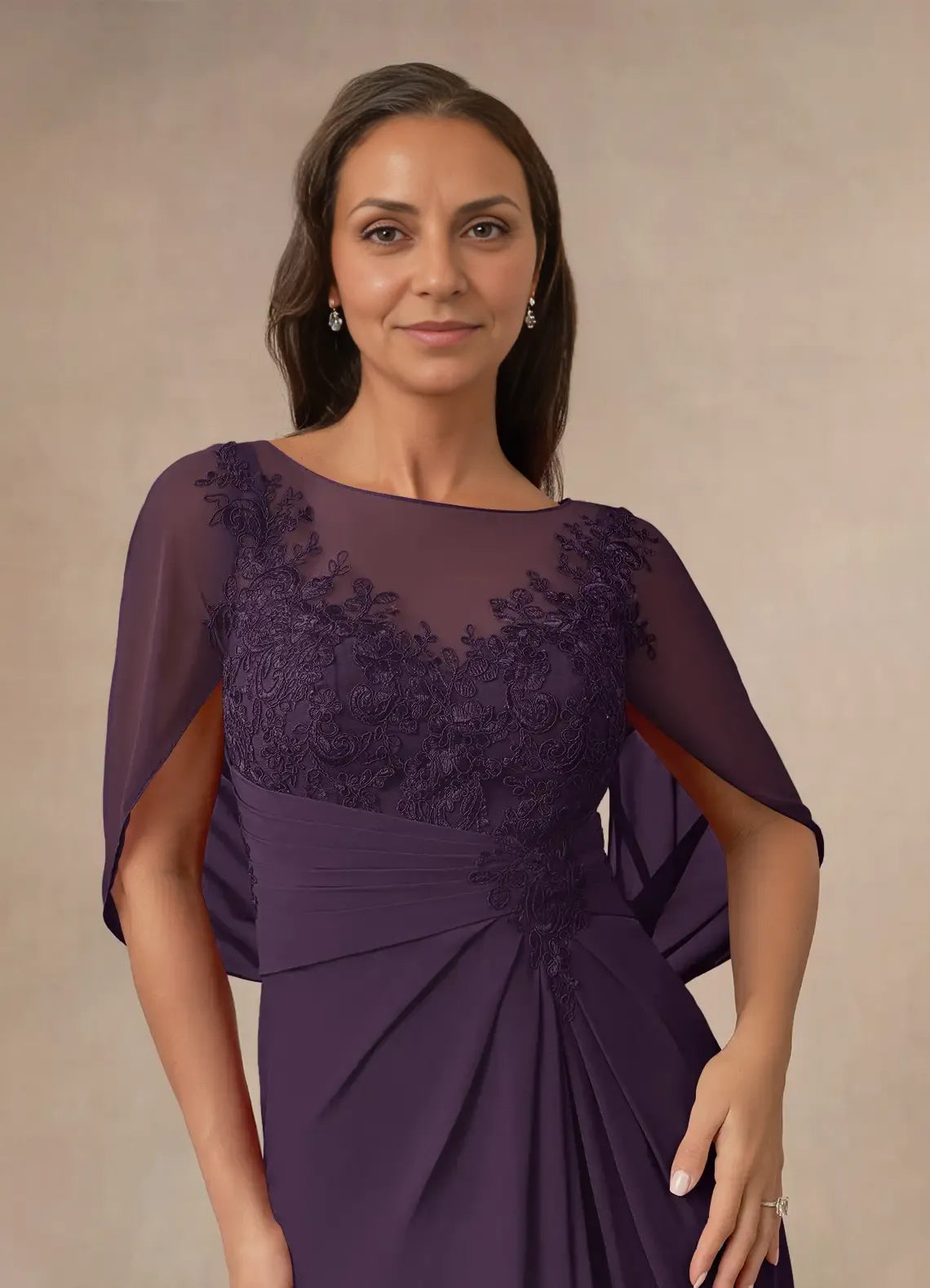 Dress Plum A-Line Lace Capelet Chiffon Maxi Dress Classic Cap Sleeves Back Zip Boat Neck Mother of the Bride Dress