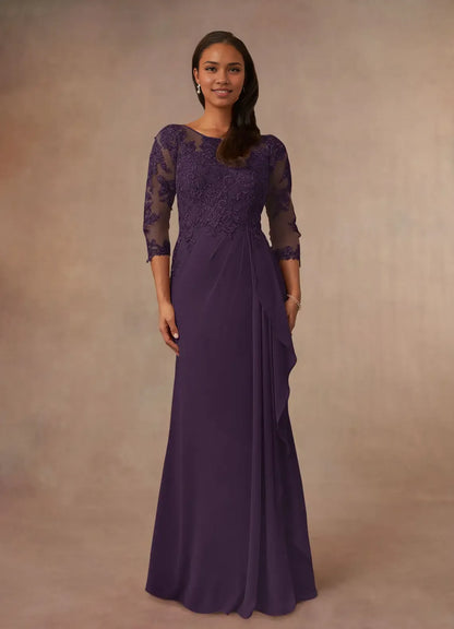Dress Champagne A-Line Scoop Chiffon Mother Of The Bride Evening Dress Elegant Ruffle Three-Quarter Sleeve V Back Plus Size Mother Of The Bride Dress