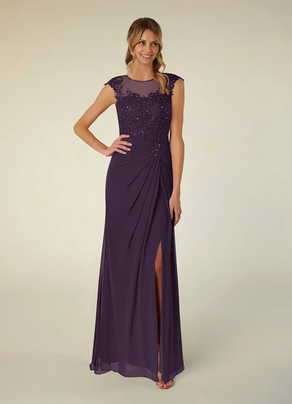 Dress Black A-Line Scoop Neck Sequins Chiffon Mother of the Groom Dresses Elegant Illusion Cap Sleeves Leg Slit Evening Dress