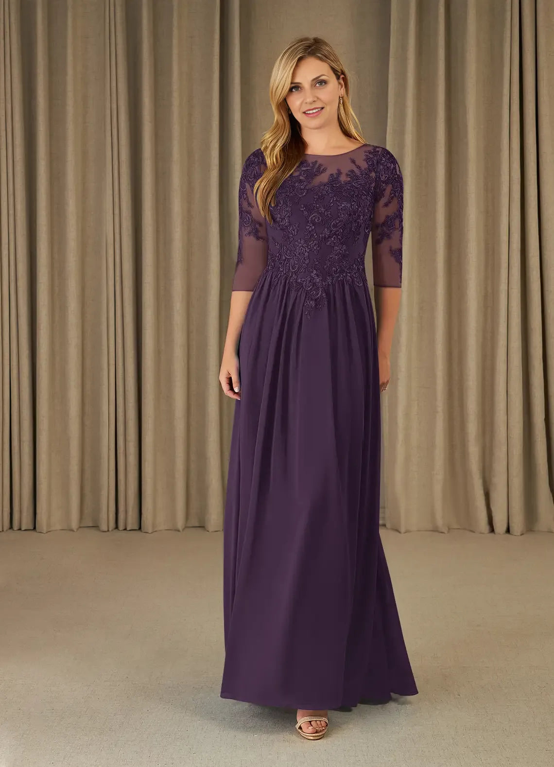 Dress Plum Scoop Lace Chiffon A-Line Mother Of The Bride Evening Dress Fashion Three-Quarter Sleeve Back Zip Plus Size Mother Of The Groom Dresses