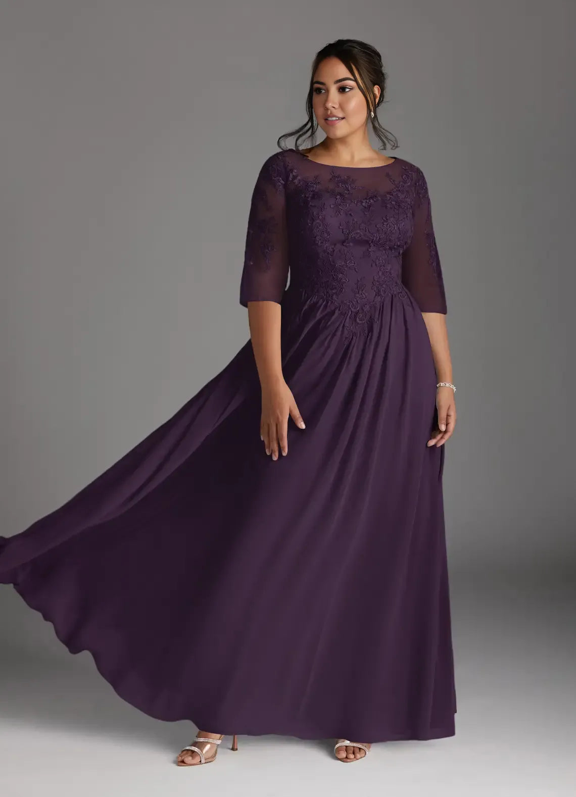Dress Plum Scoop Lace Chiffon A-Line Mother Of The Bride Evening Dress Fashion Three-Quarter Sleeve Back Zip Plus Size Mother Of The Groom Dresses