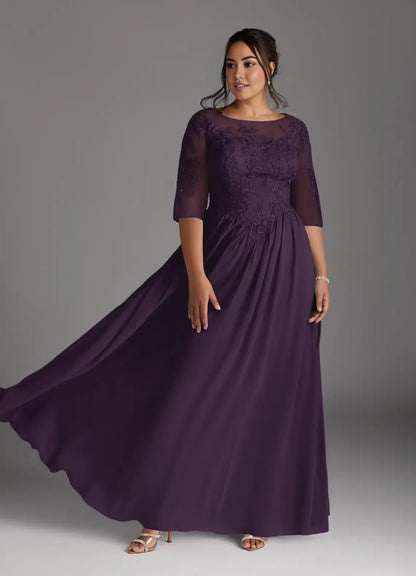 Dress Plum Scoop Lace Chiffon A-Line Mother Of The Bride Evening Dress Fashion Three-Quarter Sleeve Back Zip Plus Size Mother Of The Groom Dresses