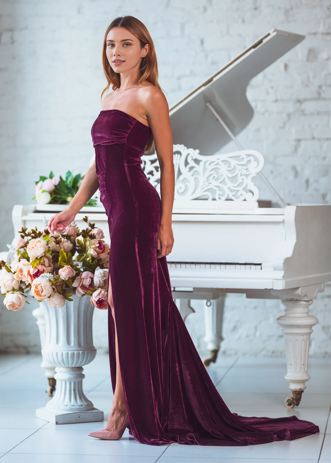 Plum Strapless Maxi Dress Velvet Mermaid Train Dress Wedding Guest Dress Evening Dress Bridesmaid Dress Special Occasion Bodycon Dress With Slit