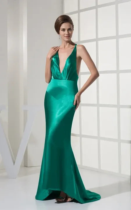 Plunged Mermaid High-Low Hem Satin Dress With Sweep Train Open Back Prom Dress/Dress For Formal