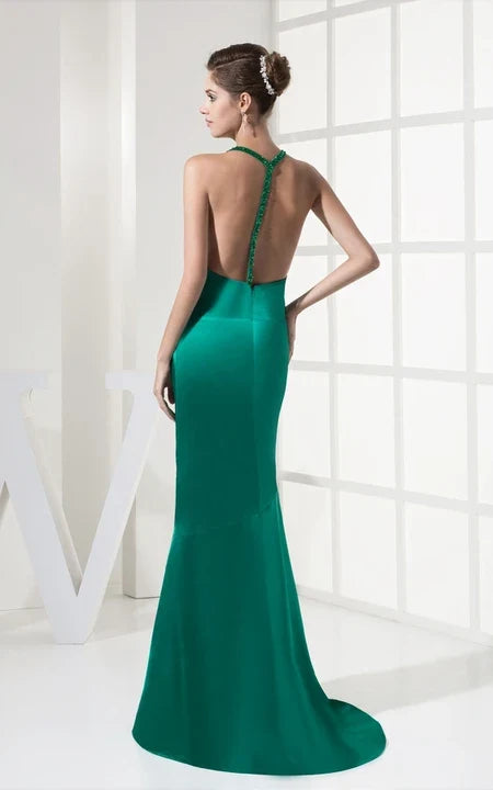 Plunged Mermaid High-Low Hem Satin Dress With Sweep Train Open Back Prom Dress/Dress For Formal