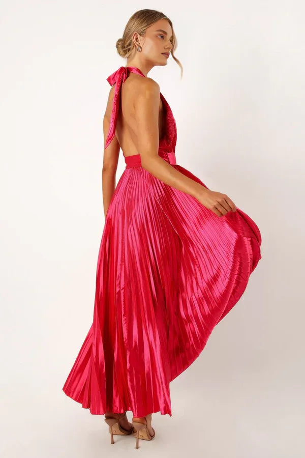 Pretty A-Line Halter Neck Sleeveless Satin Floor-Length Prom Dress