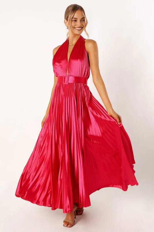 Pretty A-Line Halter Neck Sleeveless Satin Floor-Length Prom Dress