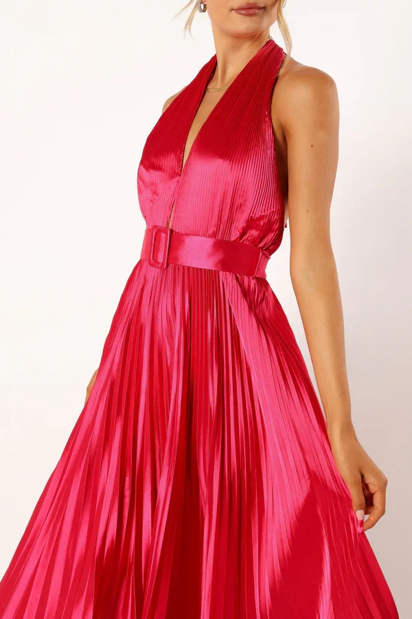 Pretty A-Line Halter Neck Sleeveless Satin Floor-Length Prom Dress