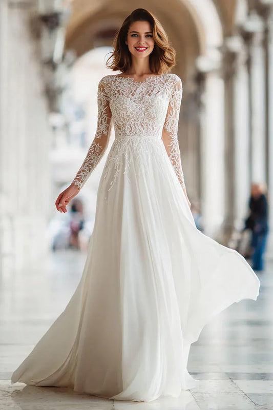 Pretty A-Line Illusion Boat Neck Long Sleeve V Back Floor-Length Wedding Dress