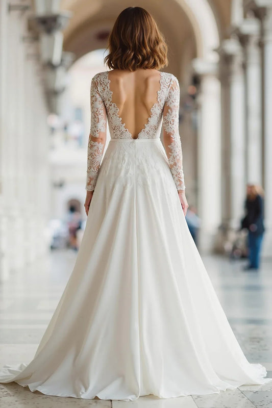Pretty A-Line Illusion Boat Neck Long Sleeve V Back Floor-Length Wedding Dress