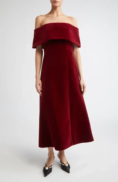 Pretty A-Line Off the Shoulder Cap Sleeve Velvet Ankle-Length Prom Dress