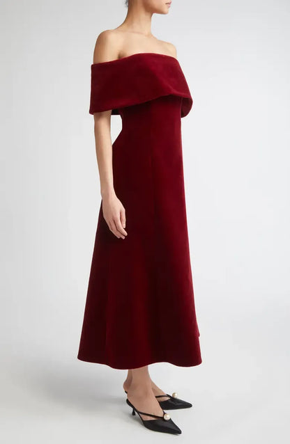Pretty A-Line Off the Shoulder Cap Sleeve Velvet Ankle-Length Prom Dress