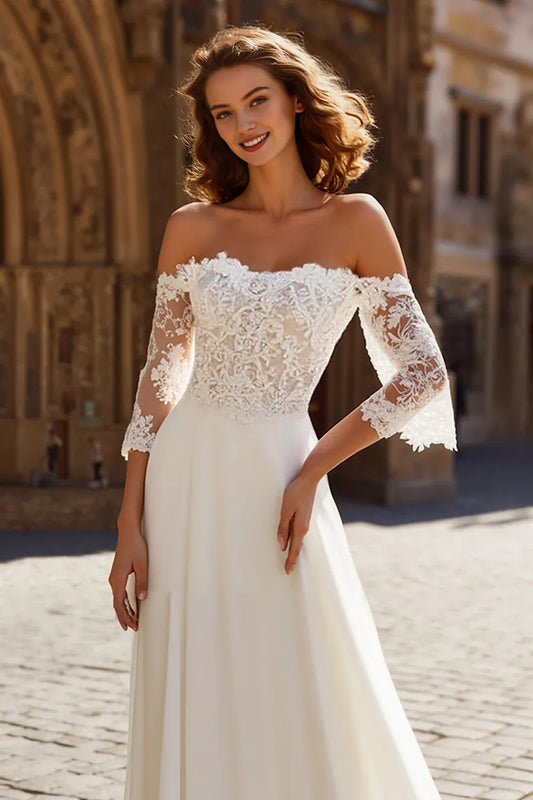 Pretty A-Line Off the Shoulder Long Sleeve Chiffon Sweep/Brush Train Wedding Dress