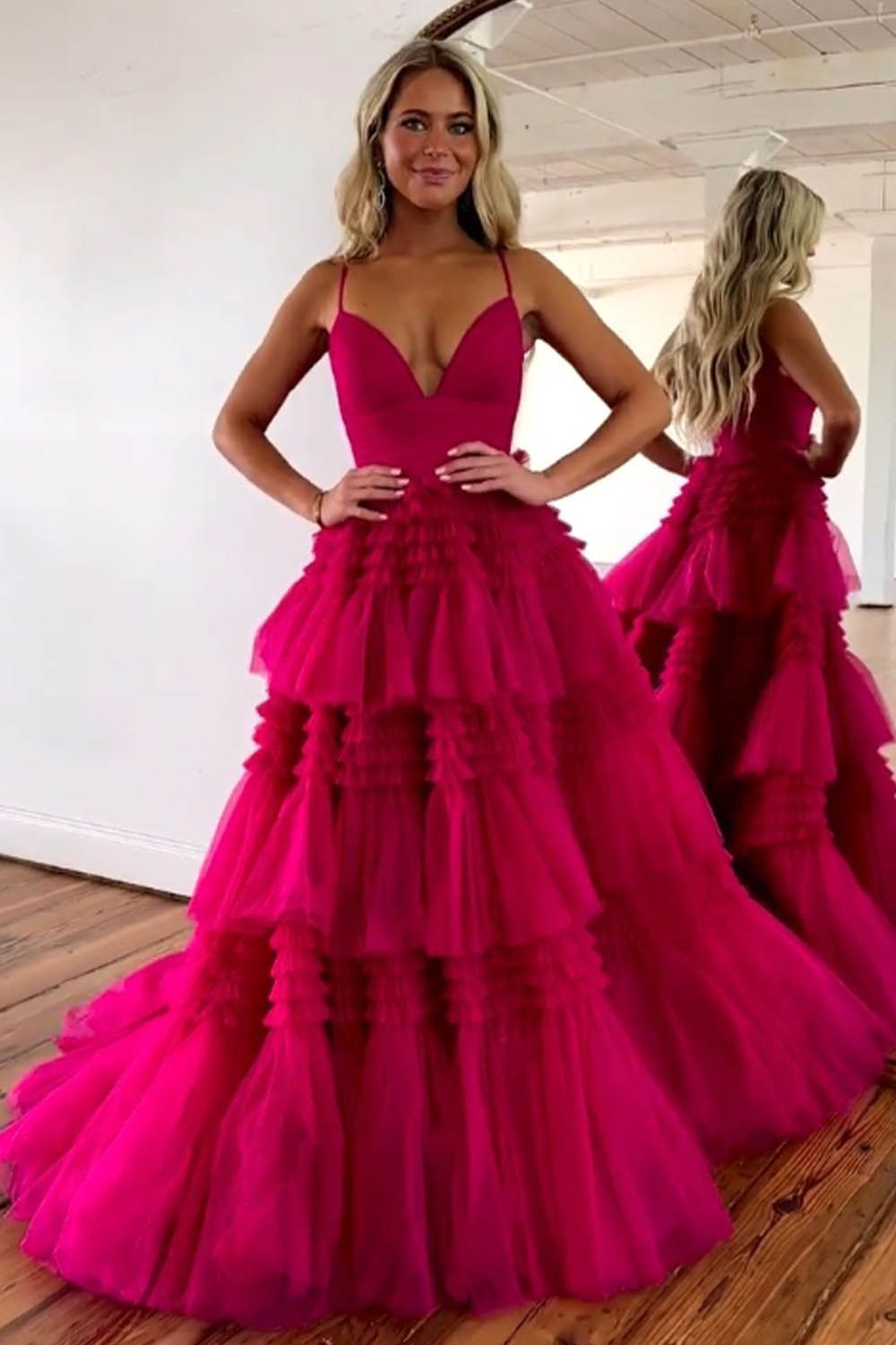 Stunning A-Line Spaghetti Straps Long Tiered Tulle Prom Dress With Split