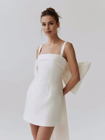 Pretty A-Line Square Neck Sleeveless Bow Back Satin Short-Mini Wedding Dress