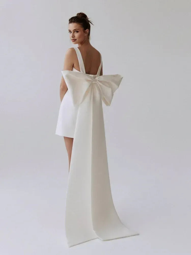 Pretty A-Line Square Neck Sleeveless Bow Back Satin Short-Mini Wedding Dress