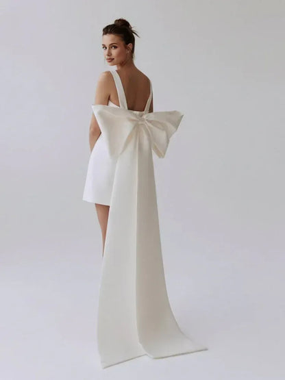 Pretty A-Line Square Neck Sleeveless Bow Back Satin Short-Mini Wedding Dress