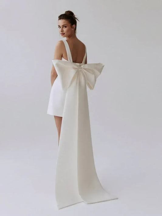 Pretty A-Line Square Neck Sleeveless Bow Back Satin Short-Mini Wedding Dress