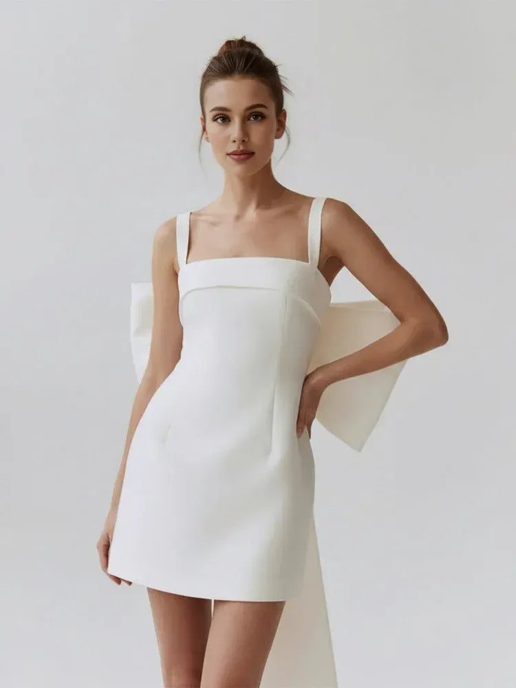 Pretty A-Line Square Neck Sleeveless Bow Back Satin Short-Mini Wedding Dress