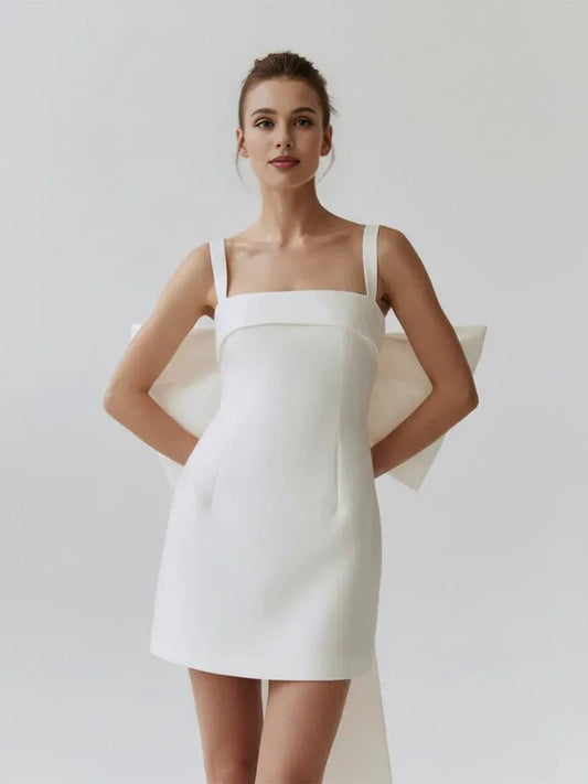 Pretty A-Line Square Neck Sleeveless Bow Back Satin Short-Mini Wedding Dress