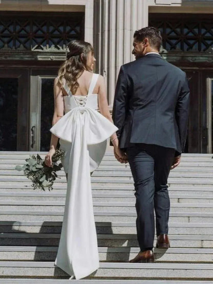 Pretty A-Line Square Neck Sleeveless Bow Back Satin Short-Mini Wedding Dress