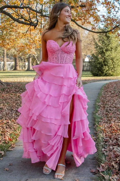 Pretty A-Line Sweetheart Sleeveless Ruffle Chiffon Sweep Train Prom Dress