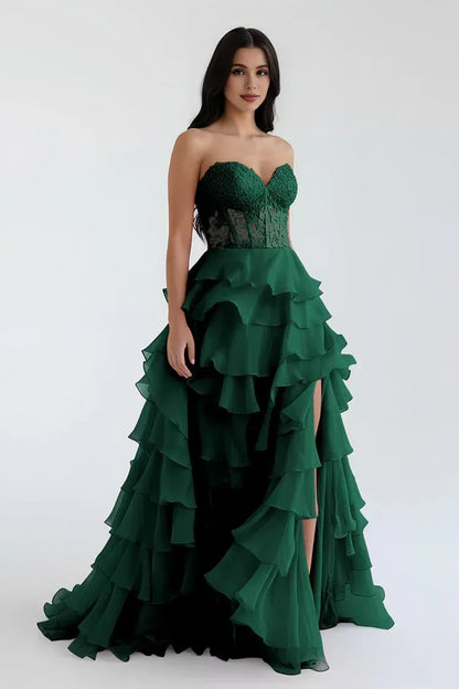 Pretty A-Line Sweetheart Sleeveless Ruffle Chiffon Sweep Train Prom Dress