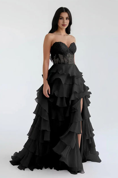 Pretty A-Line Sweetheart Sleeveless Ruffle Chiffon Sweep Train Prom Dress