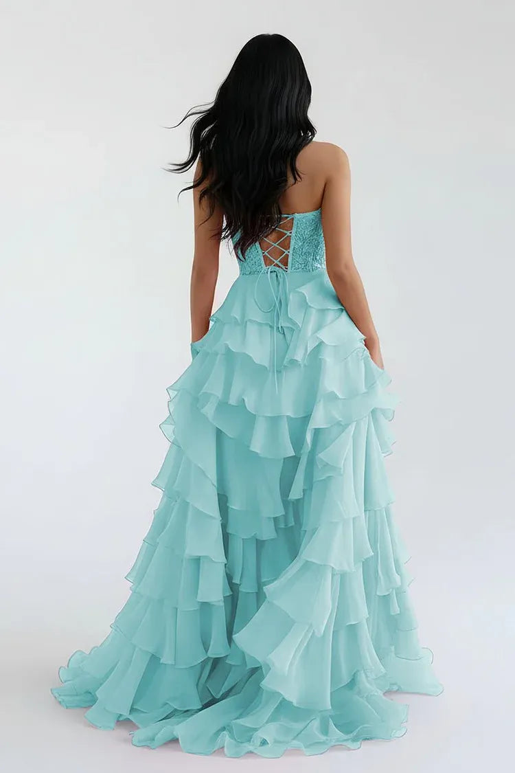 Pretty A-Line Sweetheart Sleeveless Ruffle Chiffon Sweep Train Prom Dress